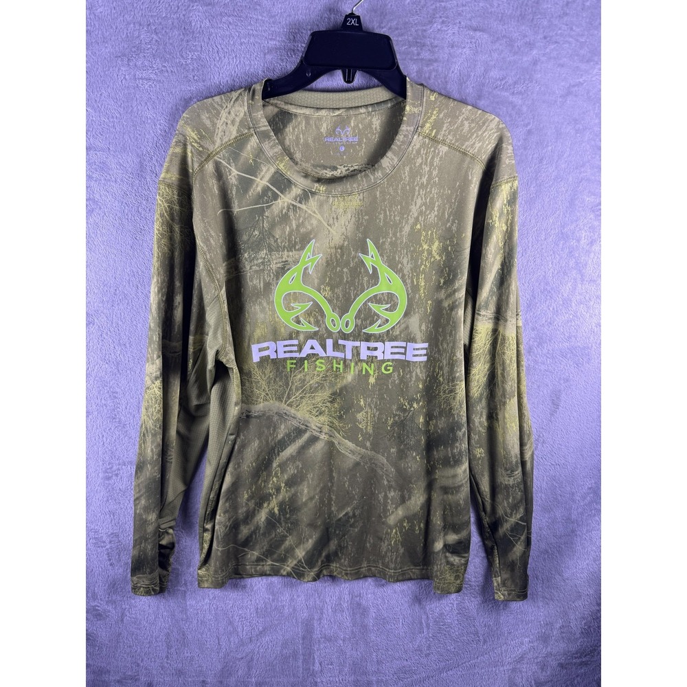 Realtree Fishing Shirt Mens Large Green Camo Long Sleeve Performance Athletic